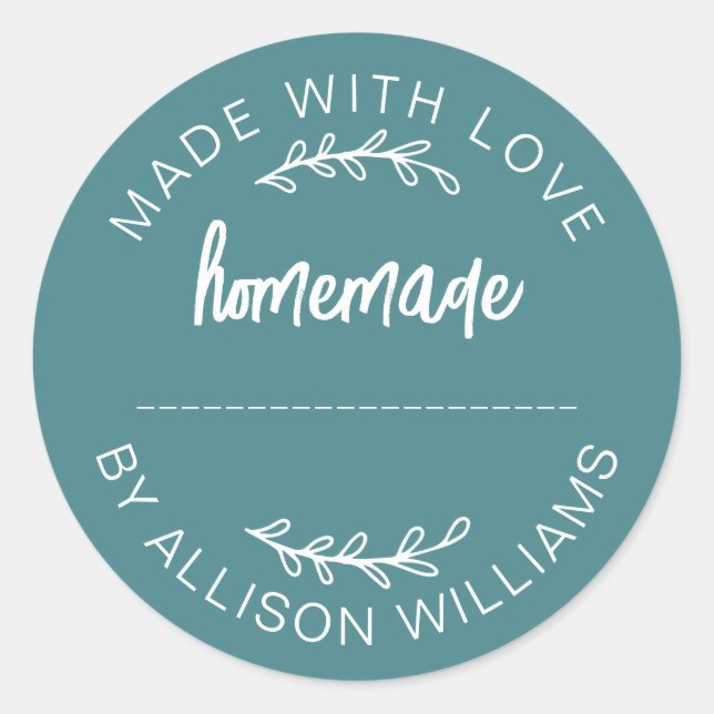Teal Script Made With Love Homemade Food Jar Classic Round Sticker (Front)