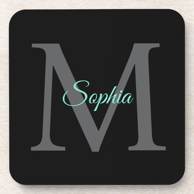 Teal Script Name, Large Grey Monogram on Black Coaster (Front)