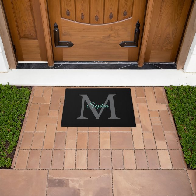 Teal Script Name, Large Grey Monogram on Black Doormat (Outdoor)