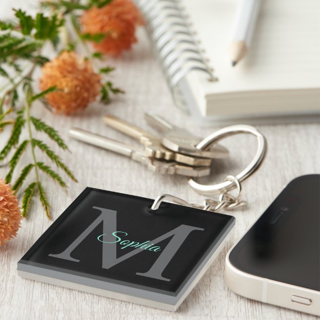 Teal Script Name, Large Grey Monogram on Black Key Ring (Front Right)