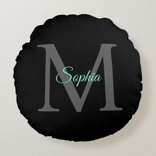 Teal Script Name, Large Grey Monogram on Black Round Cushion (Front)