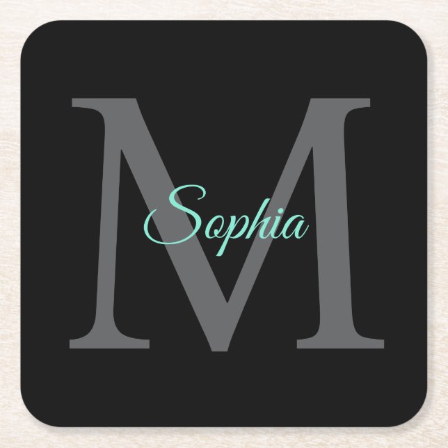 Teal Script Name, Large Grey Monogram on Black Square Paper Coaster (Front)