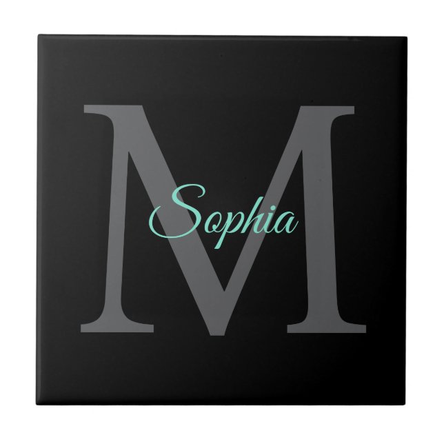 Teal Script Name, Large Grey Monogram on Black Tile (Front)