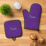 Teal Script Name or Monogram on Deep Purple Oven Mitt & Pot Holder Set<br><div class="desc">Teal script name or monogram on deep purple background. Click “Edit” to easily change colours and type styles.</div>