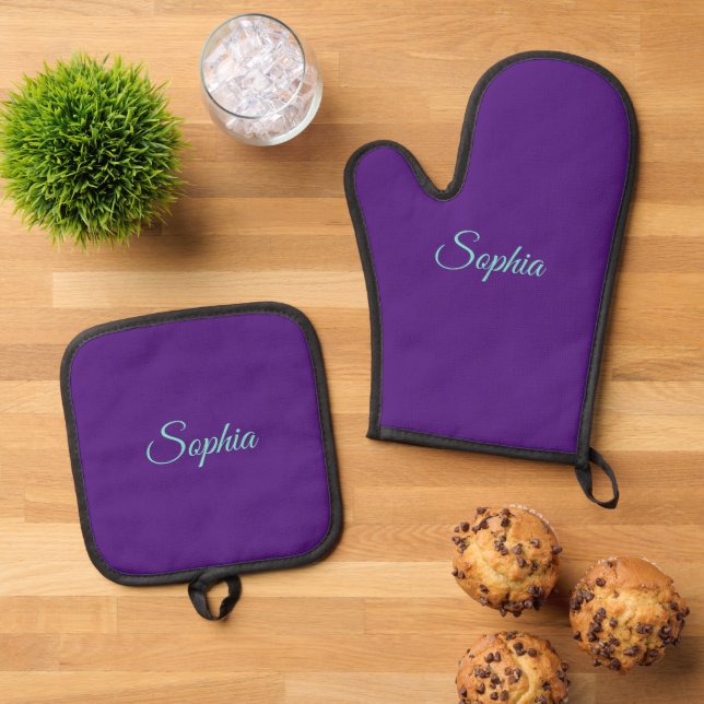 Teal Script Name or Monogram on Deep Purple Oven Mitt & Pot Holder Set (Top Down)