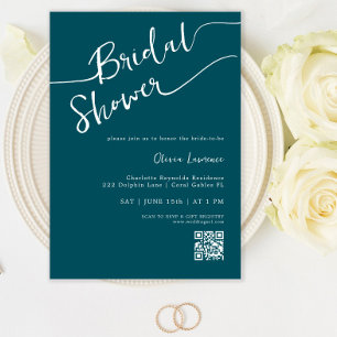 Teal Script QR Bridal Shower Invitation