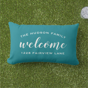 Teal Script Welcome Monogram Porch Lumbar Cushion
