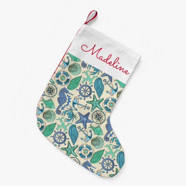 Teal Sea Animals Pattern | Add Your Name Small Christmas Stocking (Front (Hanging))