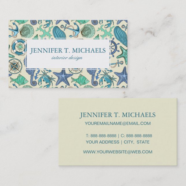 Teal Sea Animals Pattern Business Card (Front/Back)