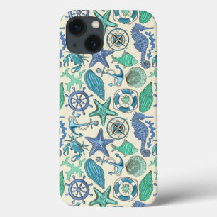 Teal Sea Animals Pattern iPhone 13 Case