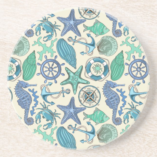 Teal Sea Animals Pattern Coaster (Front)