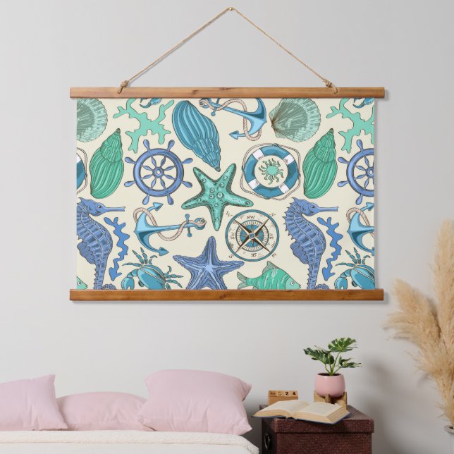 Teal Sea Animals Pattern Hanging Tapestry (Bedroom)