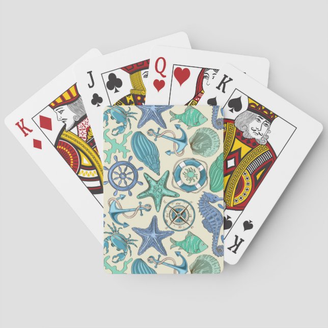 Teal Sea Animals Pattern Playing Cards (Back)