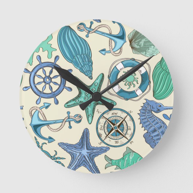 Teal Sea Animals Pattern Round Clock (Front)