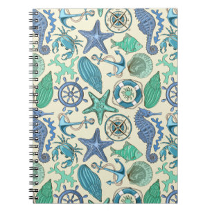 Teal Sea Animals Pattern Spiral Notebook