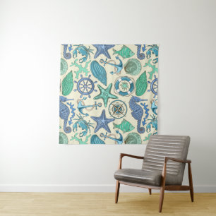 Teal Sea Animals Pattern Tapestry