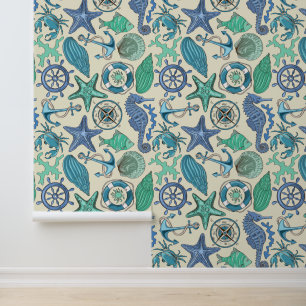 Teal Sea Animals Pattern Wallpaper