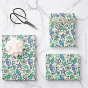 Teal Sea Animals Pattern Wrapping Paper Sheet