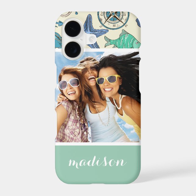 Teal Sea Animals Pattern | Your Photo & Name (Back)