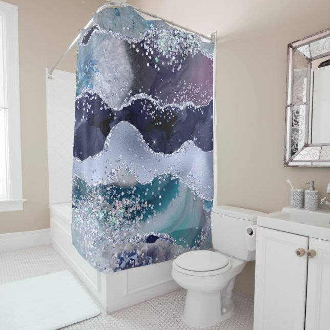 *~* Teal Sea Ocean Agate Pearl  GLITTER AP8    Shower Curtain (In Situ)