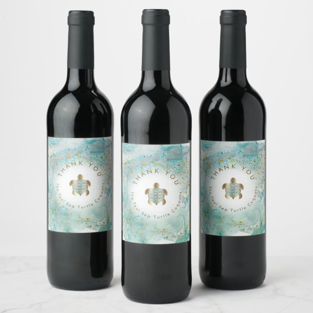 teal sea turtle design   wine label (Bottles)