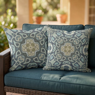 Teal Seafoam Blue Mustard Green Orient Tribal Art Cushion