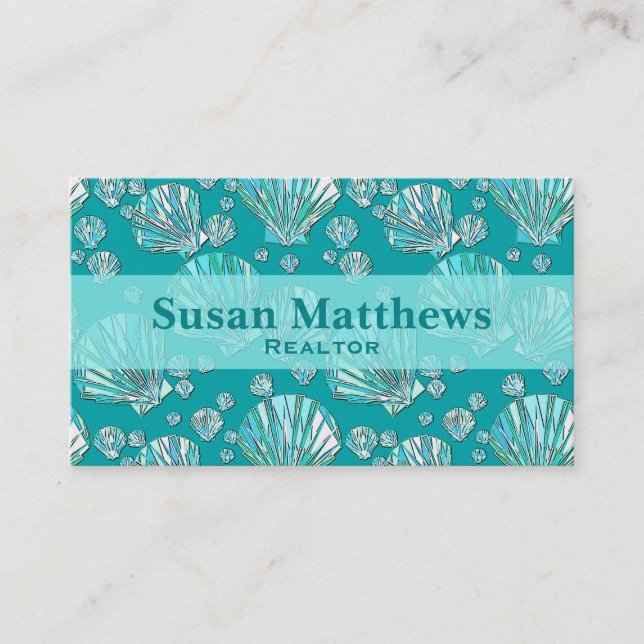 Teal, seafoam sea shells, turquoise background business card (Front)
