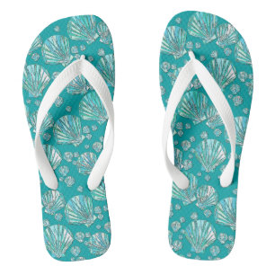 Teal, seafoam sea shells, turquoise background jandals