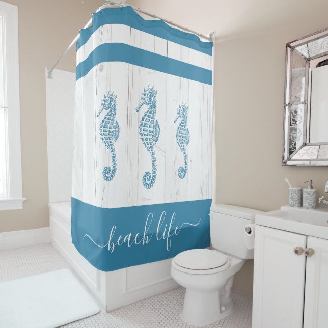Teal seahorse beach life script white rustic wood shower curtain (In Situ)