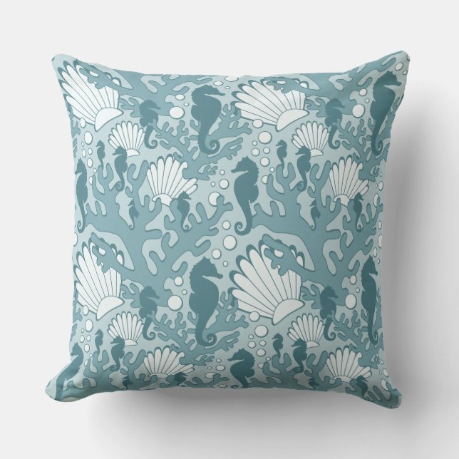 Teal Seahorse Garden Large Print Throw Pillow (Front)