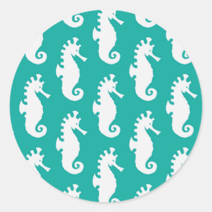 Teal Seahorse Pattern 1 Classic Round Sticker