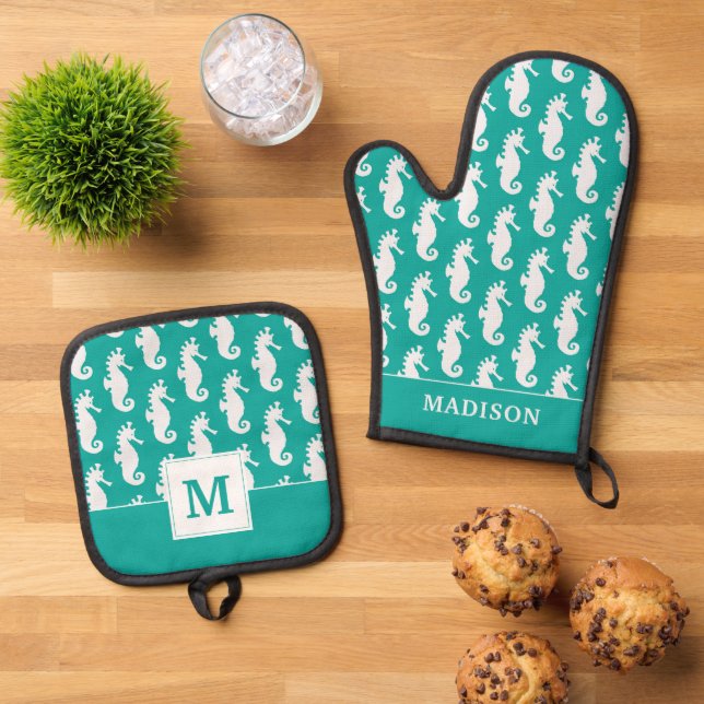 Teal Seahorse Pattern 1 Oven Mitt & Pot Holder Set (Top Down)