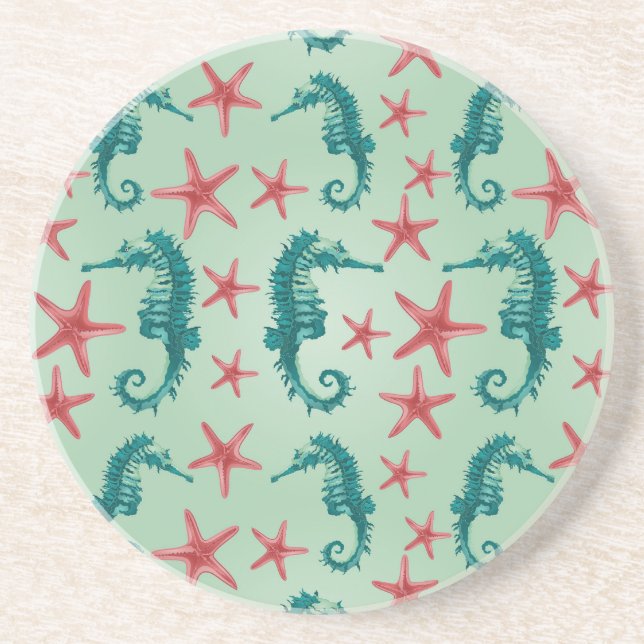 Teal Seahorse Pattern 2 Coaster (Front)