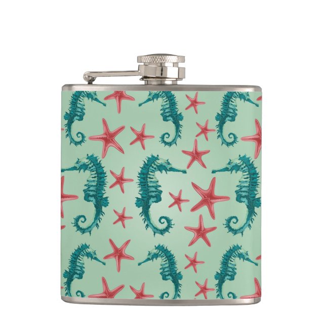 Teal Seahorse Pattern 2 Hip Flask (Front)