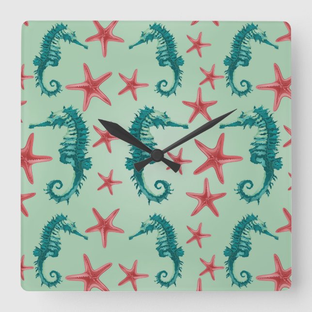 Teal Seahorse Pattern 2 Square Wall Clock (Front)