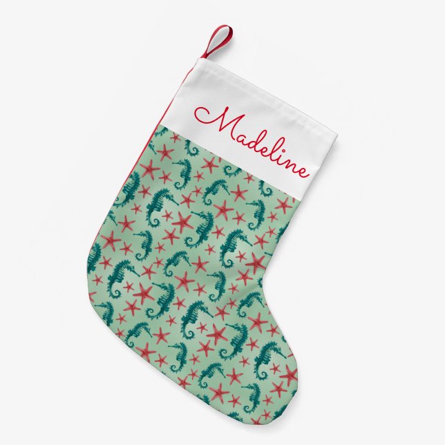 Teal Seahorse Pattern | Add Your Name Small Christmas Stocking (Front (Hanging))