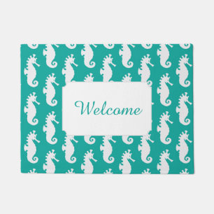 Teal Seahorse Pattern   Add Your Text Doormat