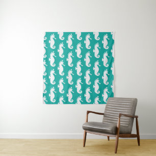 Teal Seahorse Pattern Tapestry