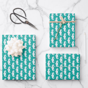 Teal Seahorse Pattern Wrapping Paper Sheet