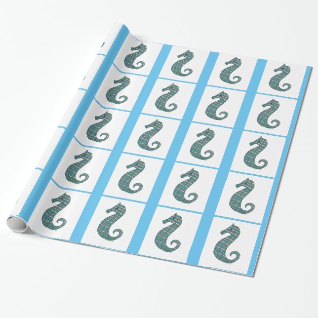 Teal Seahorse Wrapping Paper (Unrolled)