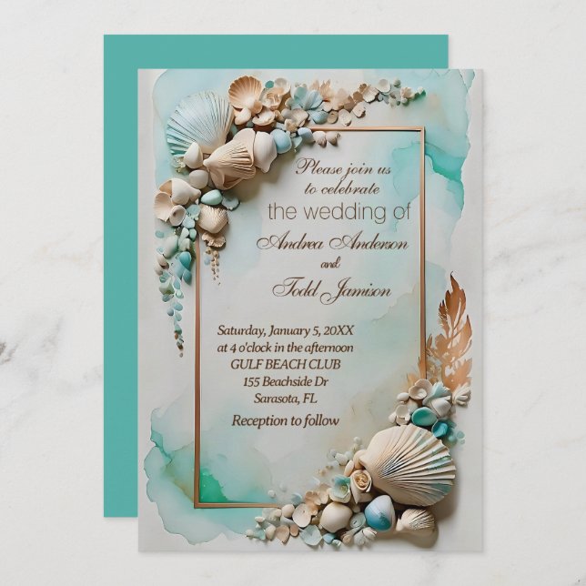 Teal seaside seashell wedding  invitation (Front/Back)