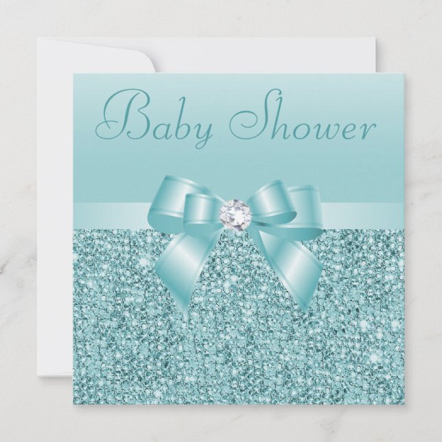 Teal Sequins, Bow & Diamond Baby Shower Invitation (Front)