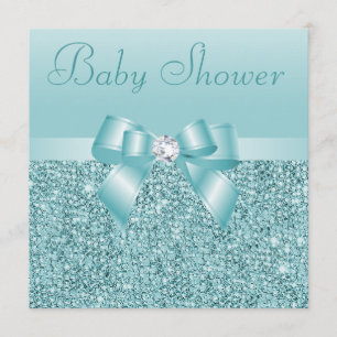 Teal Sequins, Bow & Diamond Baby Shower Invitation