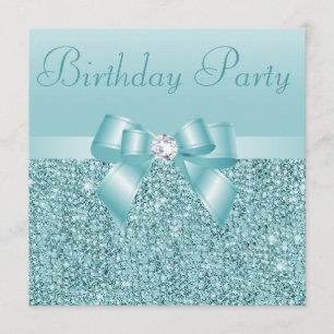 Teal Sequins, Bow & Diamond Birthday Party Invitation