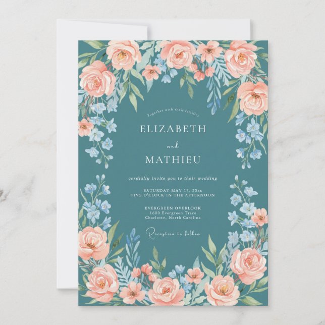 Teal Serene Summer Floral Wedding Invitation (Front)