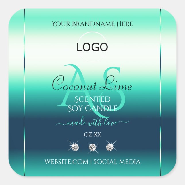 Teal Shimmery Product Label Diamonds Monogram Logo (Front)