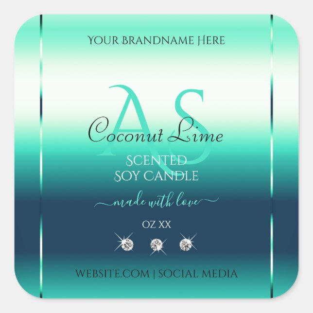 Teal Shimmery Product Labels Diamonds and Monogram (Front)