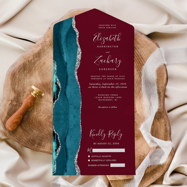 Teal Silver Agate Burgundy Wedding All In One Invitation (Creator Uploaded)