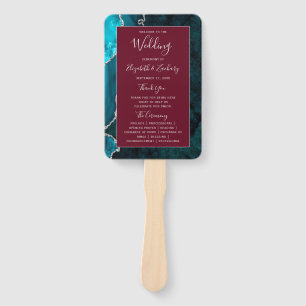 Teal Silver Agate Burgundy Wedding Program Hand Fan