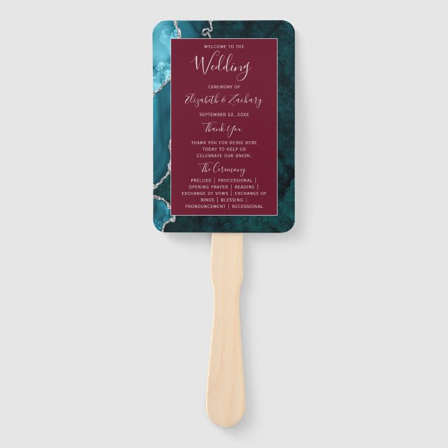 Teal Silver Agate Burgundy Wedding Program Hand Fan (Front)